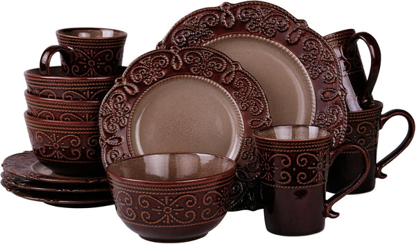 Elama Round Decorated Stoneware Scallop Embossed Dinnerware Dish Set, 16 Piece, Salia