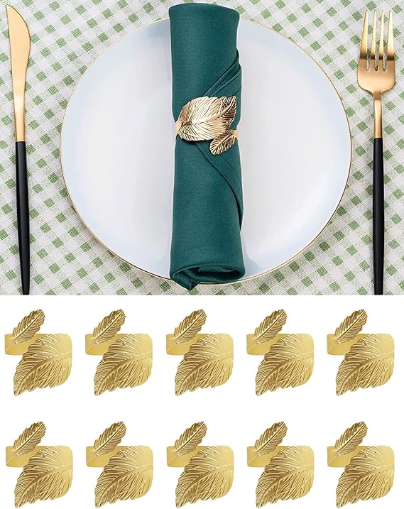 Sweet seven Gold Leaf-Shaped Napkin Rings Set of 10, for Elegant Table Settings, Holiday Napkin Holders Perfect for Anniversaries, Birthdays, Fall, Halloween, Thanksgiving, and Party Table Setting