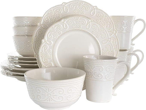 Elama Round Decorated Stoneware Scallop Embossed Dinnerware Dish Set, 16 Piece, Luna