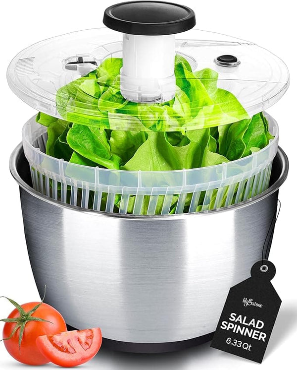 lily&stone Large Stainless Steel Pump Salad Spinner with Drain, Bowl, and Colander - Quick and Easy Multi-Use Lettuce Spinner, Vegetable Dryer, Fruit Washer, Pasta and Fries Spinner - 6.33 Qt