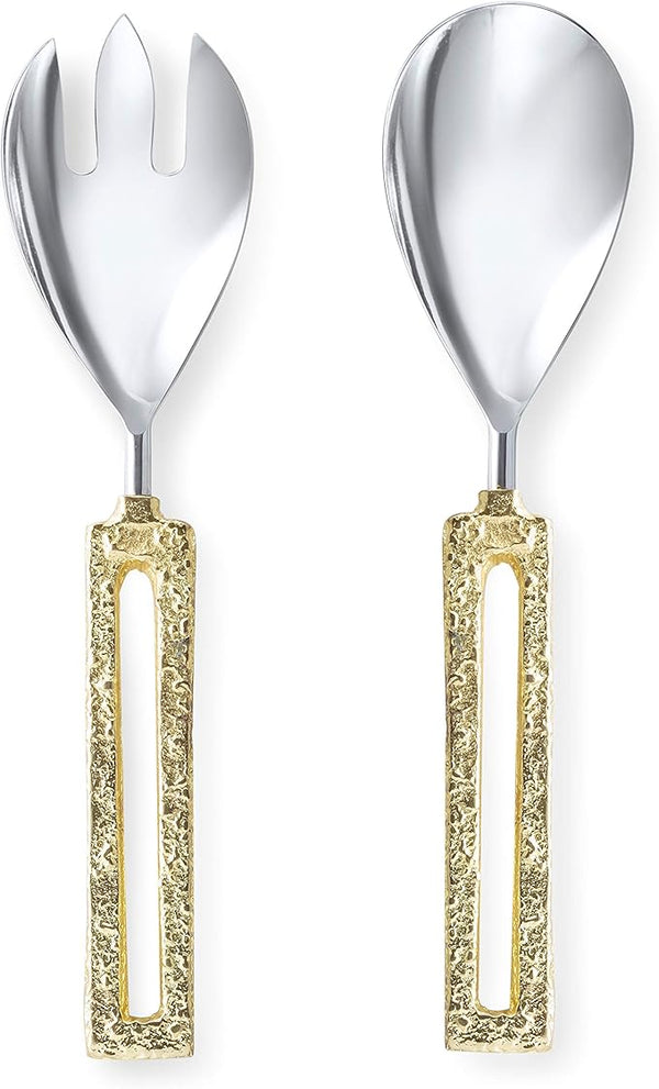 Set of Stainless Steel Salad Servers with Gold Loop Handle- Two toned Server and Handle- Spoon and Spork Set