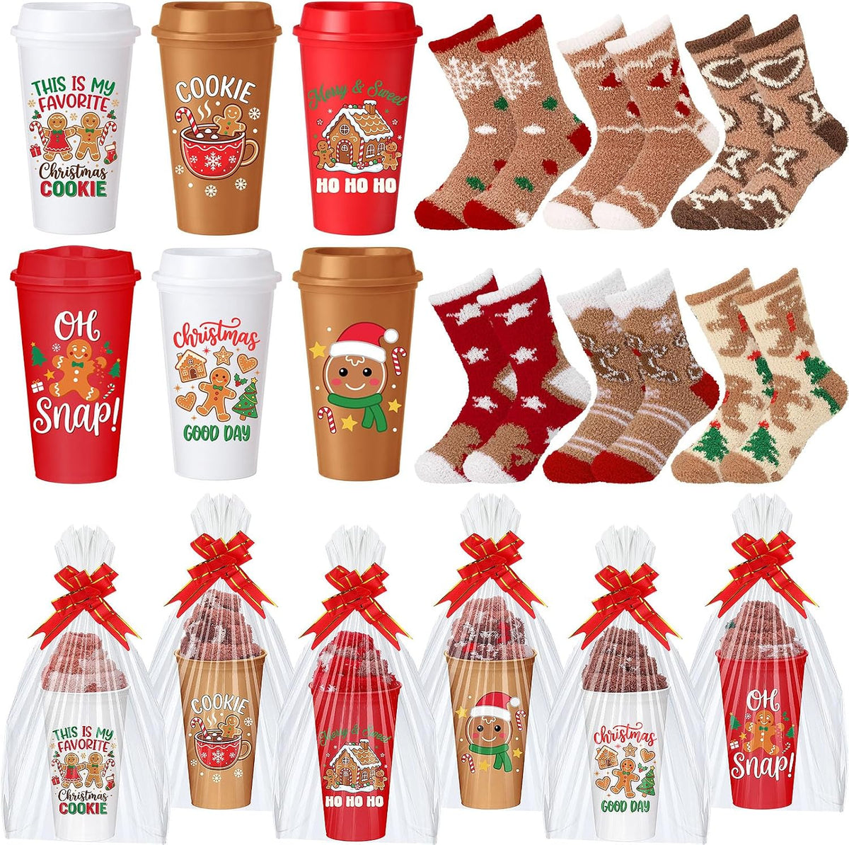 Vesici 12 Sets Christmas Gingerbread Gifts 16 oz Cups Fuzzy Socks Bows Gingerbread Coffee Cups with Lids, Christmas Socks Bulk, Gift Bags, Bulk Xmas Gingerbread Gifts for Staff, Holiday Party
