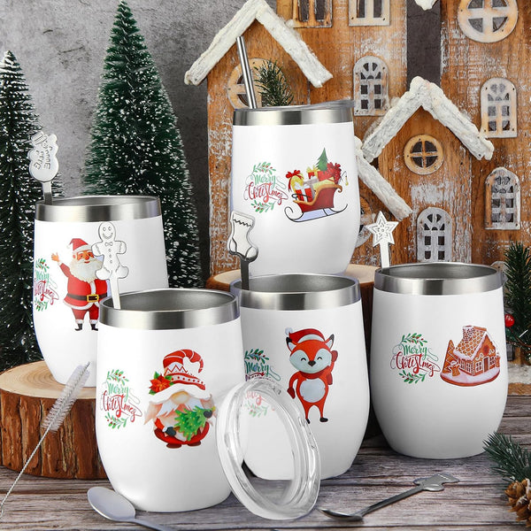Sliner 16 Pcs Christmas Funny Wine Tumbler Spoon Set 12 Oz Stainless Steel Tumbler with Straw Brush Double Wall Insulated Travel Coffee Mug for Christmas Xmas Party Decorations Holiday Gift