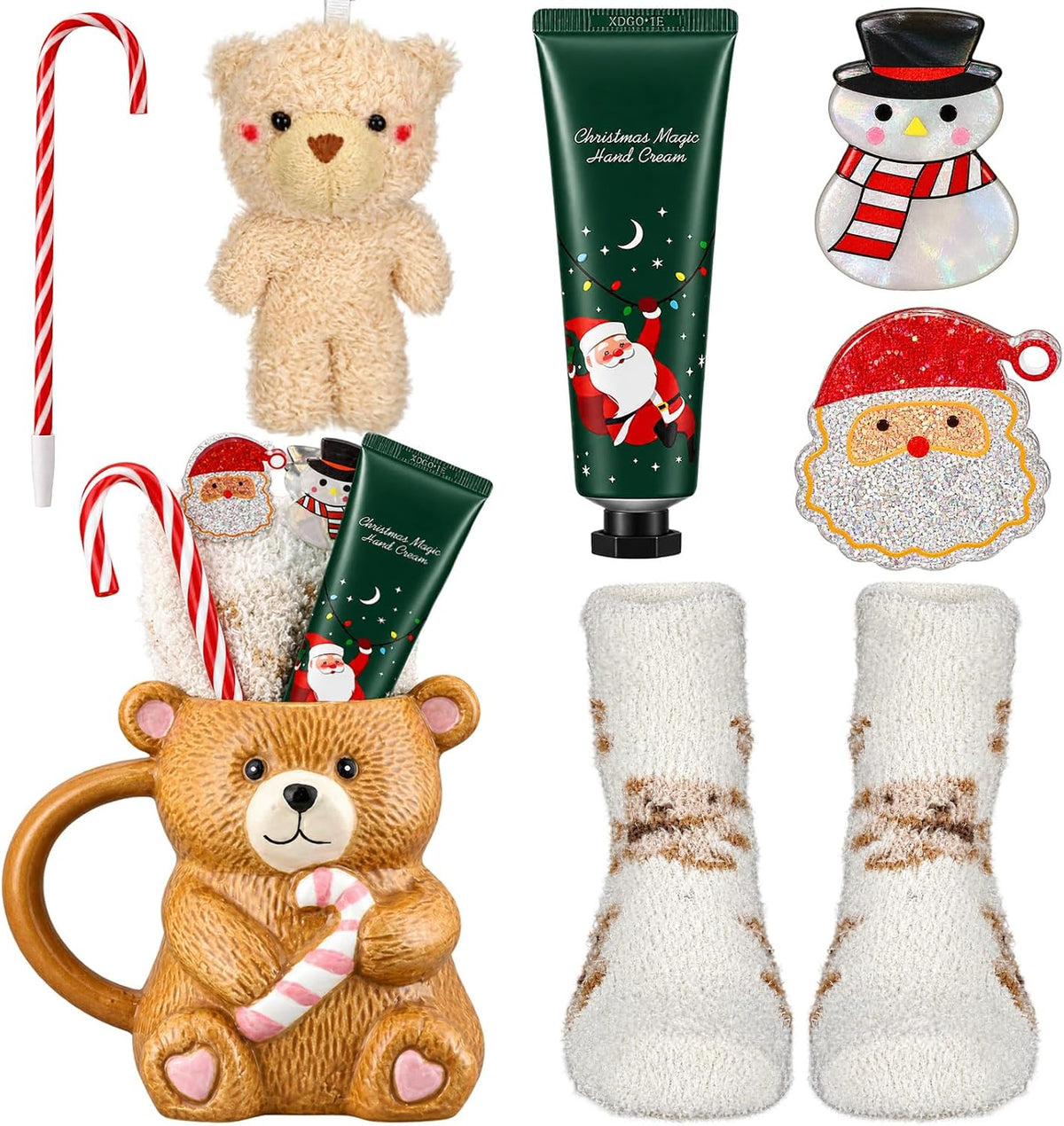 Newtay 7 Pcs Christmas Mug Gift Set Xmas Bear Ceramic Coffee Cup Decoration Xmas Mini Burr Basket with Candy Ballpoint Pen Fuzzy Socks Bear Doll Hand Cream Santa Claus and Snowman Clips for Women Men