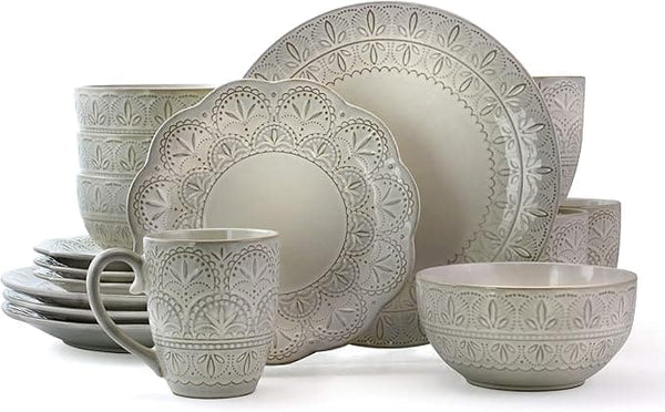 Elama Elegant Round Embossed Stoneware High Class Dinnerware Dish Set, 16 Piece, White