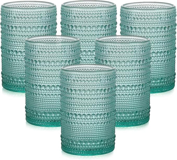 Vintage Glassware Drinking Glasses Set of 6,15 oz Hobnail Glass Cups,Embossed Lake Blue Water Tumbler,for Beer,Cocktail,Whiskey,Juice and Various Mixed Drinks- 1 Cleaning Brush