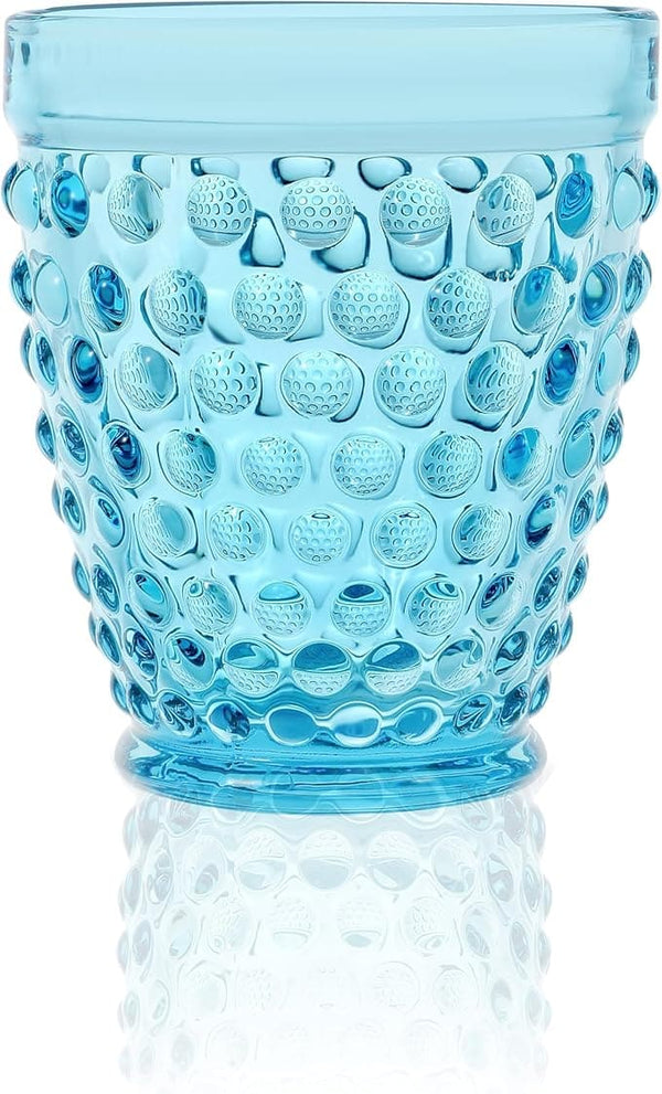 G Blue Hobnail Old Fashioned Glass 10.25 oz. 6 Set, Hobnail Drinking Glasses Tumbler Glasses, Vintage Glassware Cup For Soda, Juice, Milk, Coke, Beer, Spirits, Stackable Ice Beverage For Daily Use