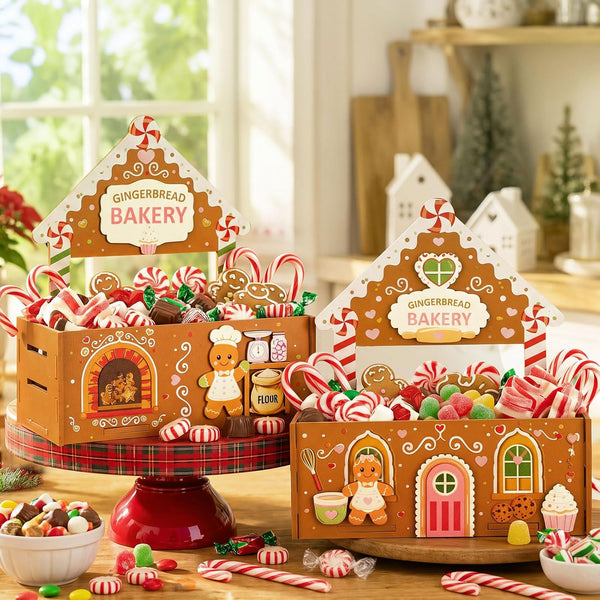 Fuutreo 2 Pcs Christmas Candy Bowl Gingerbread House Wooden Candy Dish Christmas Gingerbread House Serving Holder, Gingerbread Food Container, Xmas Holiday Tabletop Kitchen Party Decor Gift