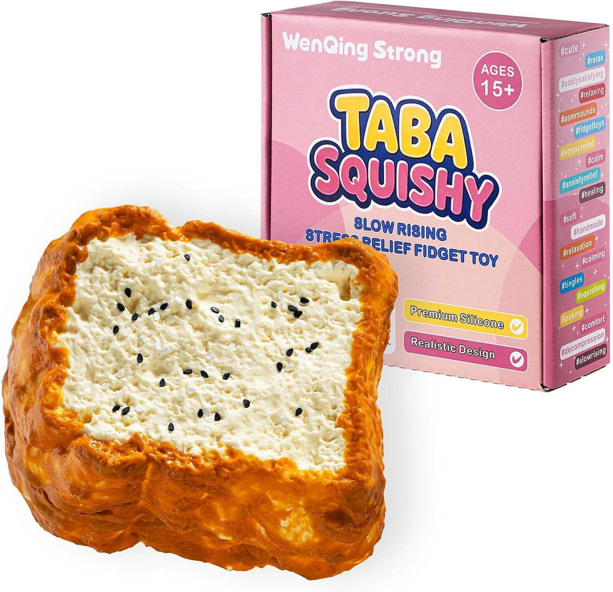 Bread Toast Taba Squishy Toy, Fidget Slow Rising Stress Relief Kawaii Black Sesame Design Premium Silicone Big Squeeze Toy Gift for Adults By WenQing Strong