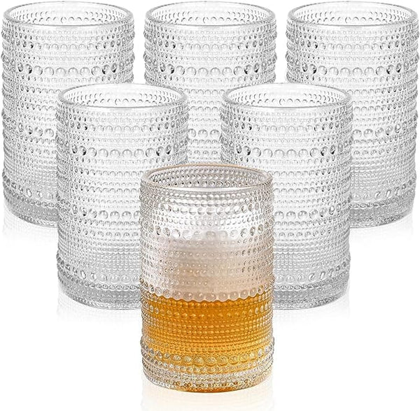 Vintage Glassware Drinking Glasses Set of 6,15 oz Hobnail Glass Cups,Embossed Clear Water Tumbler,for Beer,Cocktail,Whiskey,Juice and Various Mixed Drinks- 1 Cleaning Brush