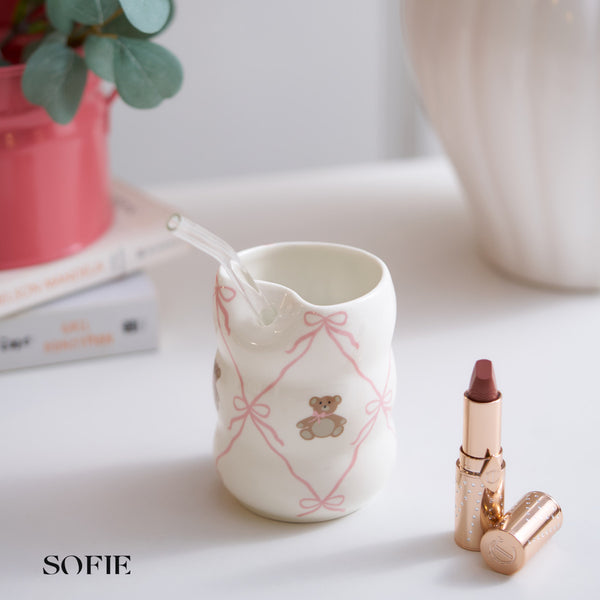 Set Cute Ribbon Bow Teddy Bear Ceramic Mug With Straw,
