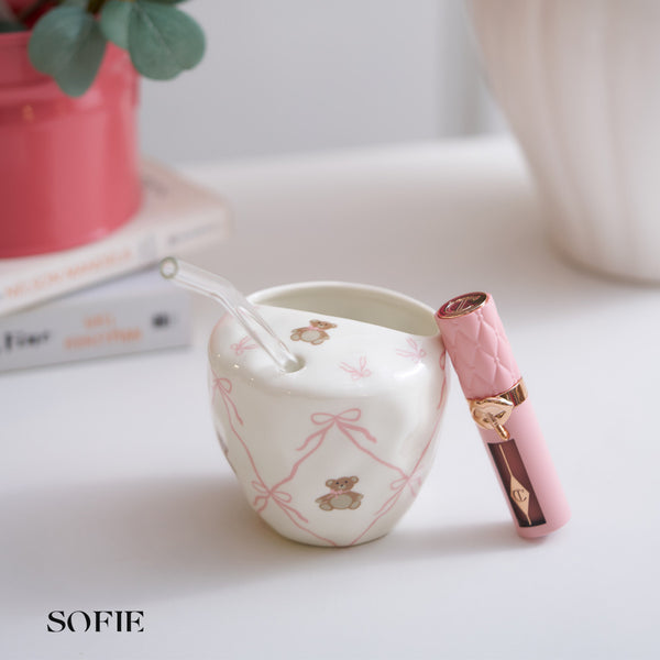 Set Cute Ribbon Bow Teddy Bear Ceramic Mug With Straw,