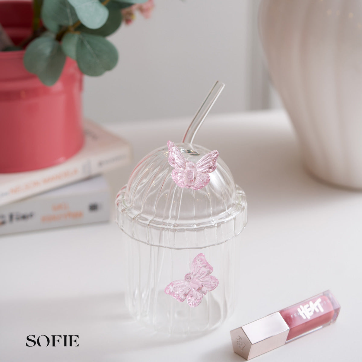 Butterfly Bobo Cup With Straw, Lid, High Borosilicate Glass Cup For Hot Milk And Coffee, Drinkware