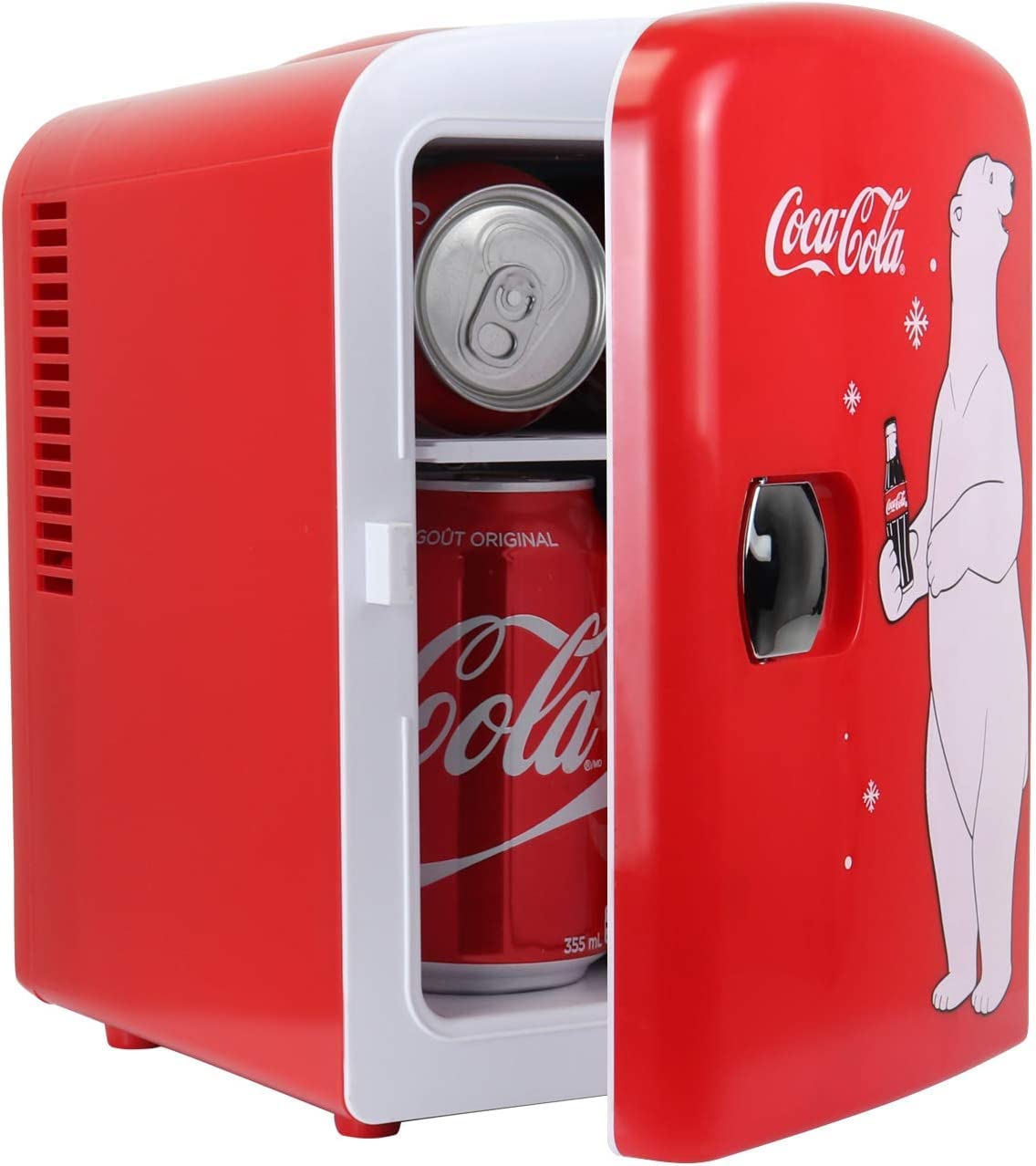 Coca Cola Polar Mini Fridge - Refrigerator for Bedroom Skincare Office, Portable Table Top Beverage Cooler, 12V DC/220V AC Refrigerador For Drinks, Soda, Wine, Use In Car, Dorm, Patio, 6 Can [Energy Class A]ler/Warmer