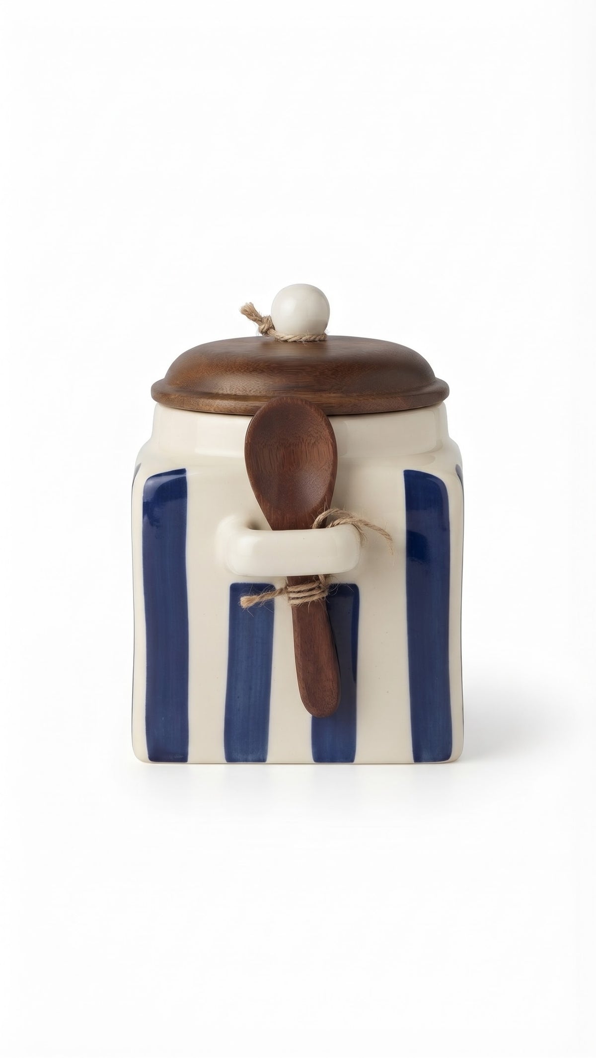 made in India stripped 
 cream x blue with wood 
cover and spoon