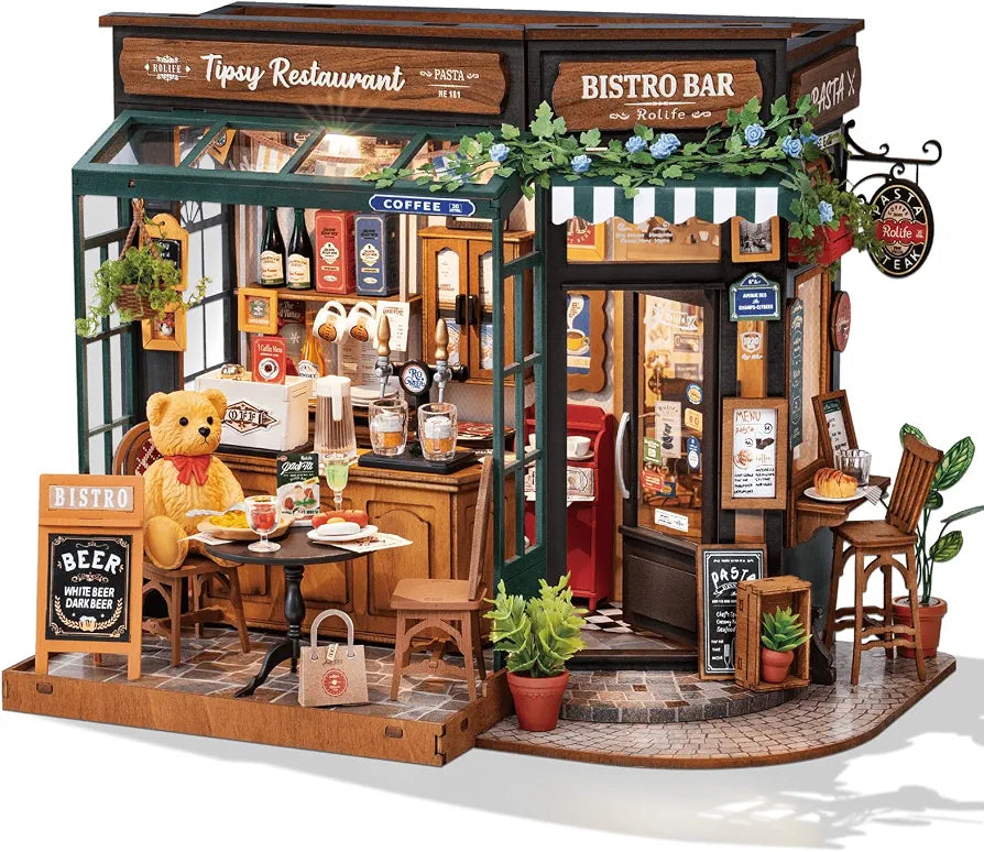 Rolife Coffee Bar Miniature House Kit with LED Lights
1:24 Scale Tipsy Restaurant Wooden 3D Puzzle Model Kit for Beginners DIY Craft for Adults Diorama Home Decor & Birthday Gift