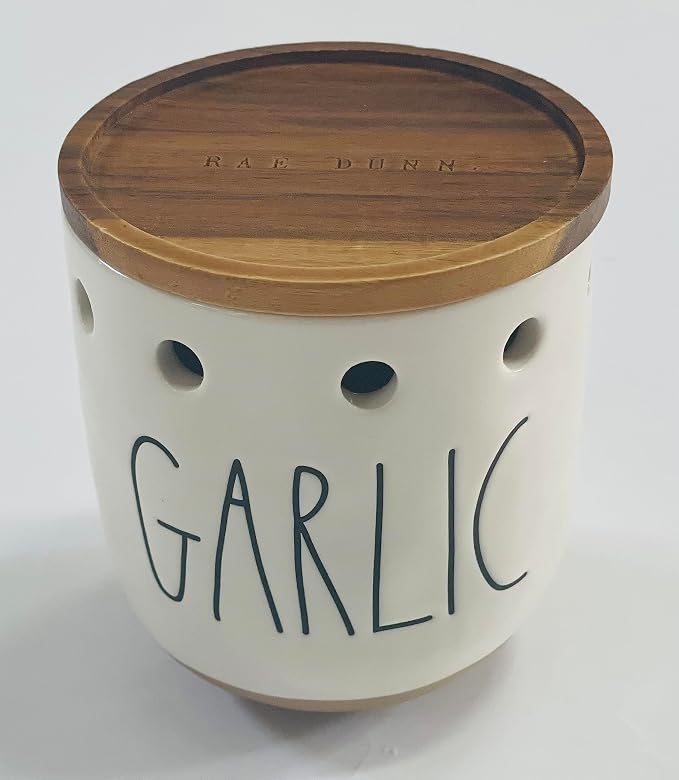 Rae Dunn by Magenta Ceramic GARLIC Keeper Wood Lid 4.5" Tall 4" Diameter