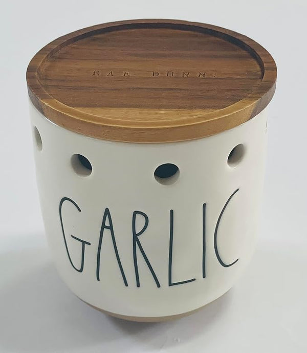 Rae Dunn by Magenta Ceramic GARLIC Keeper Wood Lid 4.5" Tall 4" Diameter