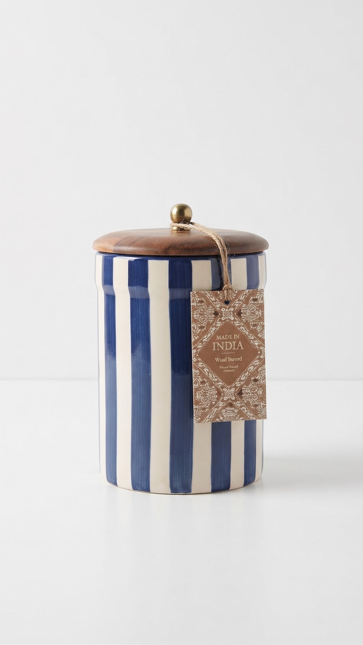 made in India hand painted jar blue x white stripped with wood cover medium size