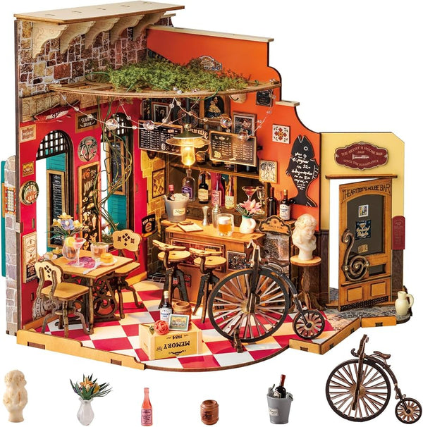 Rolife Bar DIY Miniature House Kit with LED Light
312 Pcs Cheers Bar 3D Wooden Puzzle Model Kit for Beginner, Therapeutic Craft Diorama for Adult Home Decor & Gift
