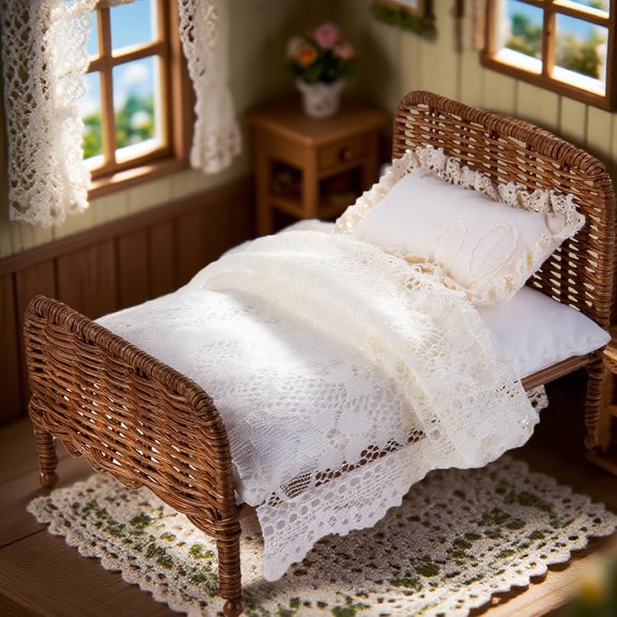 Dollhouse Bed,1:12 Pastoral Style Dollhouse Bedroom Furniture, White Rattan Bed with lace Bedding and Pillow,DIY Furniture Accessories for Dollhouse Decoration