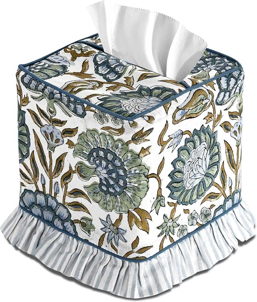Ridhi  Block Print Ruffle Tissue Box Cover Handmade Cotton Decorative Square Napkin Holder for Home Bedroom Living Room Bathroom Vanity Countertop Car Office Kitchen
