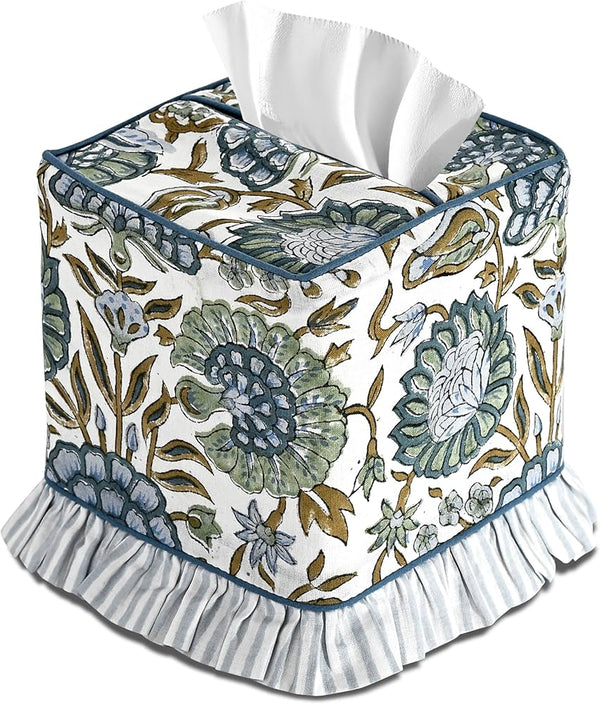 Ridhi  Block Print Ruffle Tissue Box Cover Handmade Cotton Decorative Square Napkin Holder for Home Bedroom Living Room Bathroom Vanity Countertop Car Office Kitchen