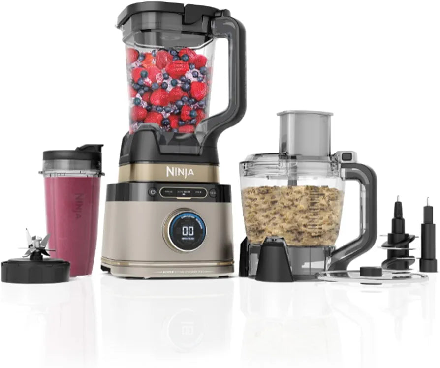 Ninja 3-in-1 Detect Power Blender Processor Pro, Powerful 1200W Blender, Food Processor Bowl, Dough Blade, 2x Single Serve Cups, Jug, Make Pizza Dough, Blend, Chop & Mix, Stone Gold, TB401UKSTGD