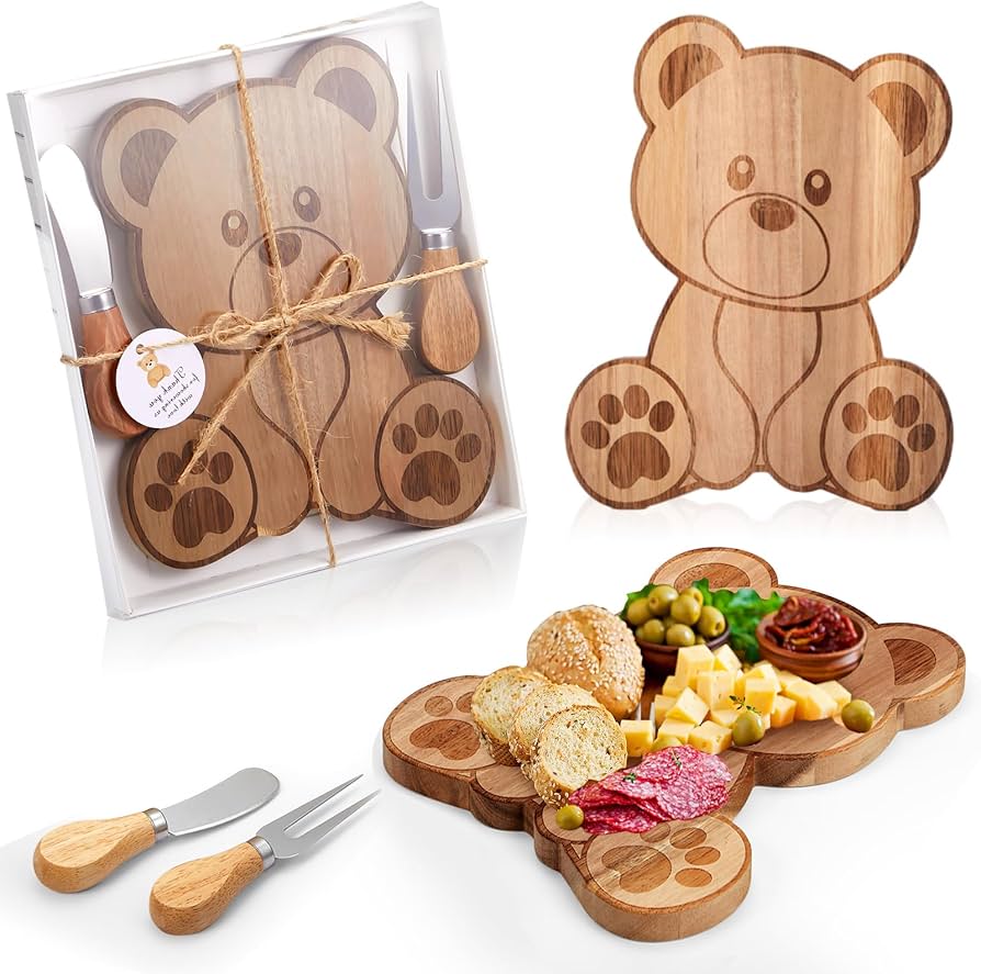 Ziliny 1 Set Baby Shower Prize Bear Shaped Cheese Board Gift, Acacia Color
Bear Party Favors, Charcuterie Boards with Knives and Forks, Baby Shower Game Prizes for Winners, Wedding, Birthday, Reveal