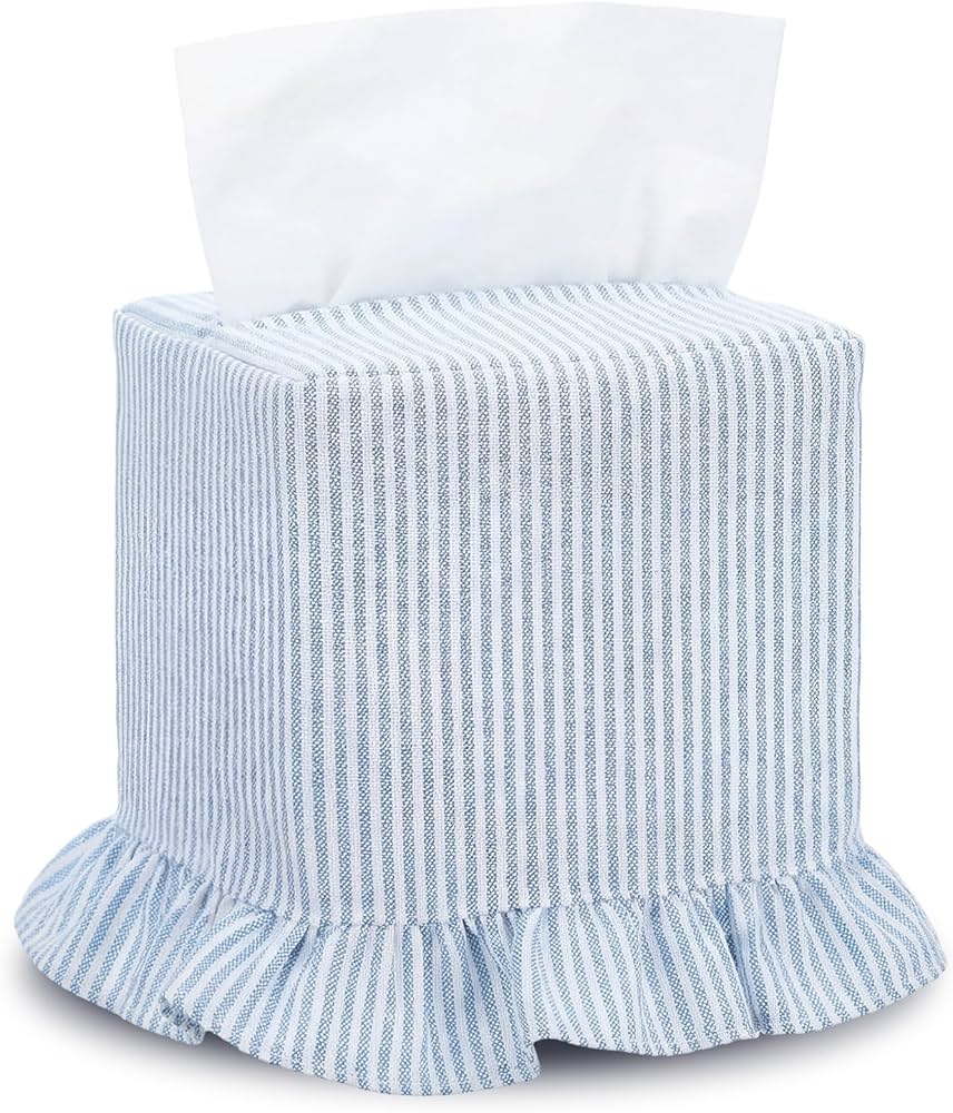 Sawysine Fabric Coastal Tissue Box Cover Light Linen Tissue Box Cover Decorative Beach Square Napkin Holder for Home Bedroom Living Room Bathroom Office Kitchen