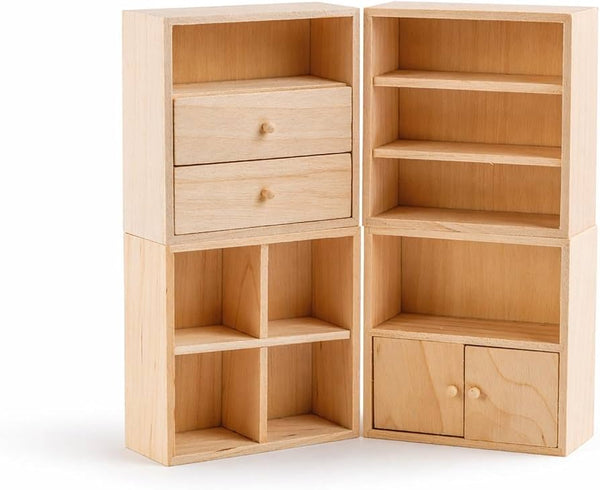 4 Pcs Wooden Dollhouse Cabinet Set, Miniature Dollhouse Furniture with Bookcase, Drawer Cabinet, Display Shelf and Door Cabinet, 1:12 Scale Doll House Accessories for Living Room Bedroom Room Decor