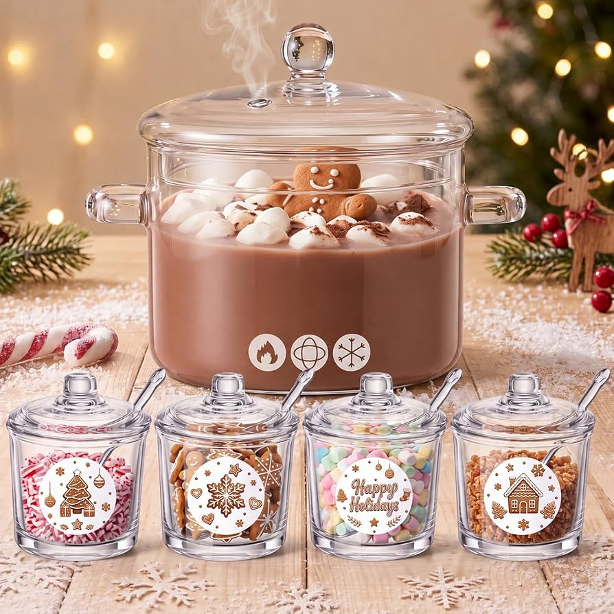 FillTouch 5 Pcs Hot Chocolate Set  64 oz Pot 4 Glass Bowls
64oz/ 1900ml Glass Saucepan & Simmer Pot with Lid, Sugar Glass Bowl with Lid Spoon, Sticker, Holiday Coffee Bar Decor Storage