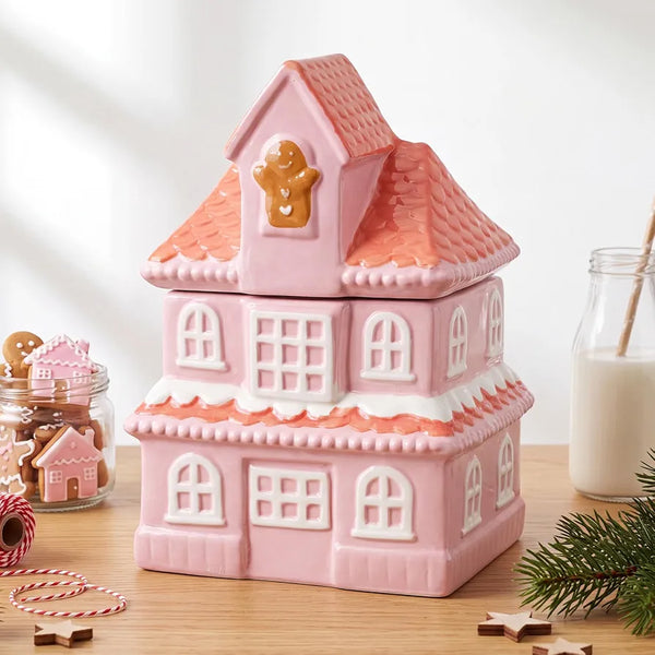 Meanplan Pink Gingerbread House Cookie Jar with Lid 10.6 Inch Christmas
Decorative Ceramic Candy Storage Container for Holiday Treats, Kitchen Counter Display, Festive Xmas Gift Decor