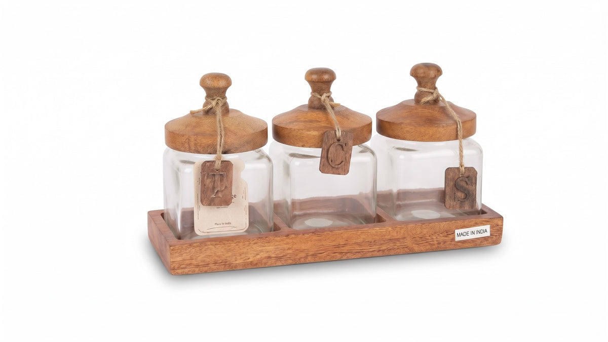 Set of 3 Glass Containers With Tray