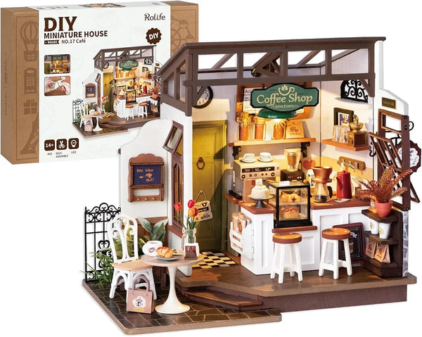 Rolife Coffee Shop DIY Miniature House Kit with LED Light
183 Pcs Coffee 3D Wooden Puzzle Model Kit for Beginner, 1:18 Scale Therapeutic Craft Diorama for Adult Home Decor & Gift