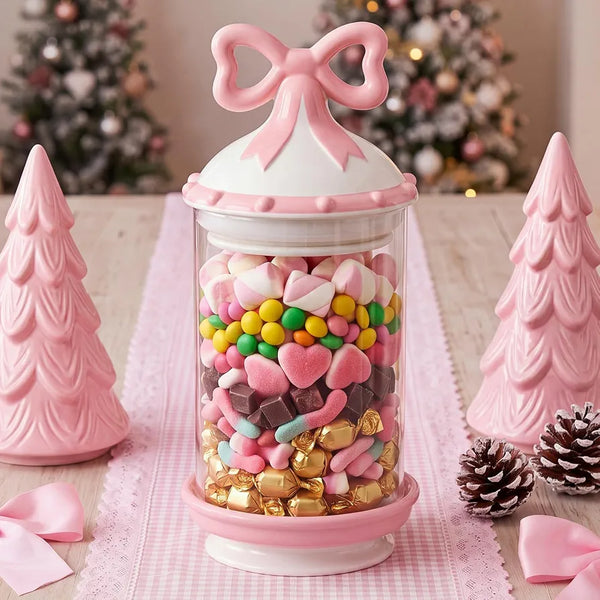 Remerry 35 oz Christmas Glass Candy Jar with Pink Bow Ceramic Lid and Stand
Cute Girly Style, Chocolate Cookie Sweets Margarine Storage Container, Xmas Pink Home Kitchen Table Centerpieces Gifts