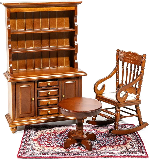 1:12 Scale Miniature Wooden Furniture Set with Bookshelf Rocking Chair
Retro Bookcase Cabinet Rocking Chair Table Rug Wooden Accessories for Mini House Living Room Magic Witch House Decor