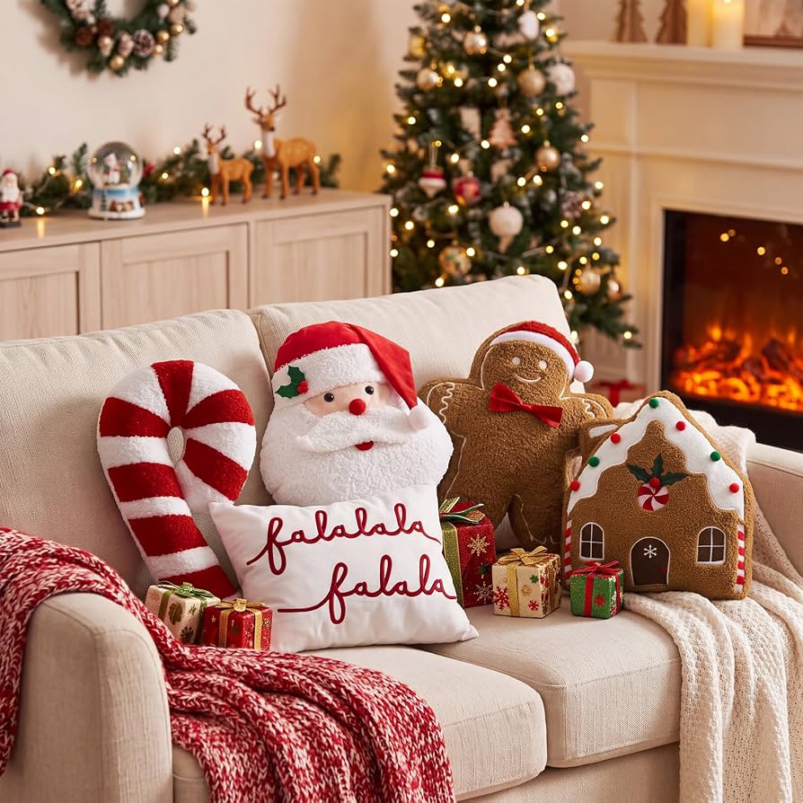 Geelin 5 Pcs Christmas Throw Pillows, Santa Candy Gingerbread FA La La
Red White Brown, Decorative Stuffed Plush Lumbar Pillows, Gingerbread Christmas Decorations for Couch Sofa Bed Holiday
