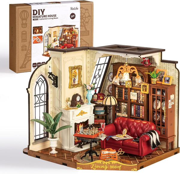 Rolife Living Room DIY Miniature House Kit with LED Light
284 Pcs Vintage Living Room 3D Wooden Puzzle Model Kit for Beginner, Therapeutic Craft Diorama for Adult Home Decor & Gift