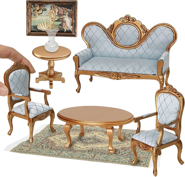 iLAND Dollhouse Furniture Victorian Dollhouse Couch Set 8pcs, Royal Handmade Armchairs w/Painting Vase Rug, Vintage Miniature Decor, 1/12 Scale Mini House Accessories and Furniture Collectible Gift