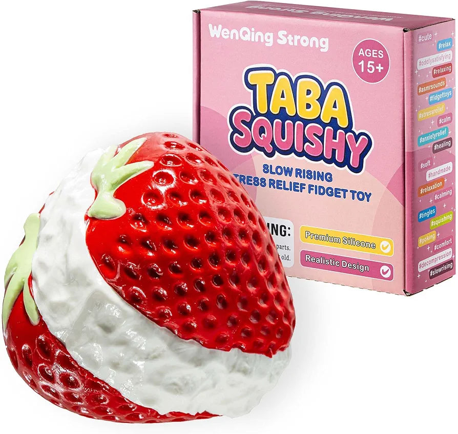 Strawberry Slow Rising Taba Squishy Toy, Stress Relief Ball Squeeze Toy Kawaii Realistic Food Shape Red Fidget Premium Silicone Handmade Gift for Adults 15+ By WenQing Strong