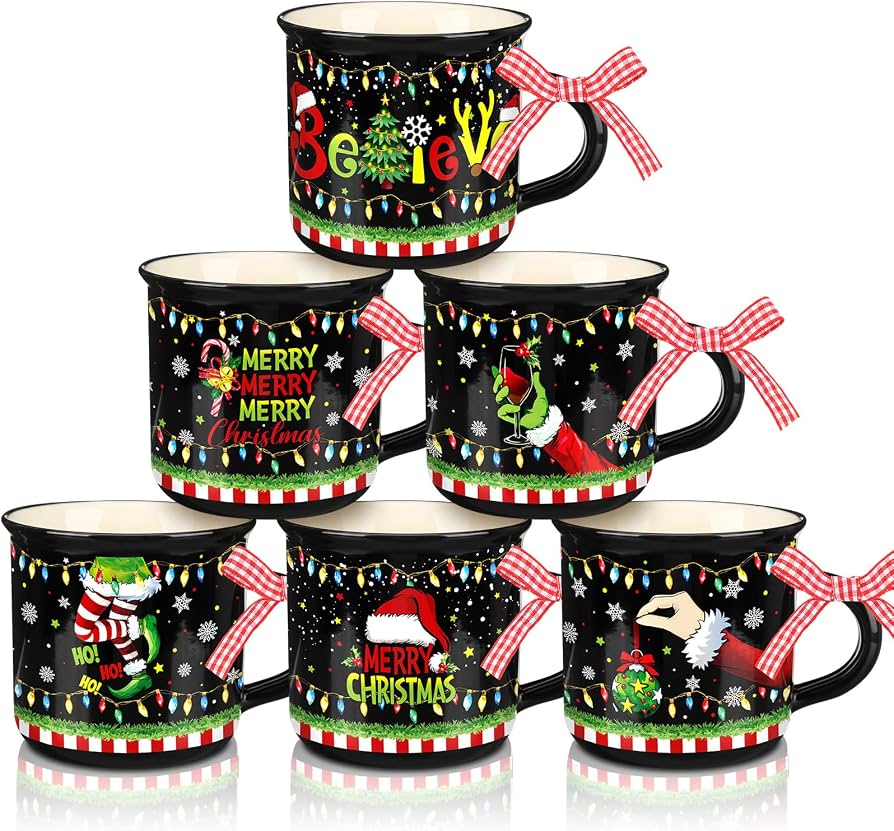 SiliFine 6 Pcs Christmas Mini Coffee Mugs Lime Green and Black Mini Holiday Mugs with Ribbons Christmas Tiered Tray Decor for Xmas Winter Holiday Kitchen Bar Home Indoor Decor Housewarming Gifts