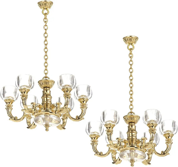 2 Pack Dollhouse Chandelier, 1:12 Scale Mini Crystal Hanging Lamp 6 Head Hanging Alloy Ceiling Lamp Alloy Miniature Ceiling Ornament, Tiny Decor Accessory for Diorama Scene, Dollhouse