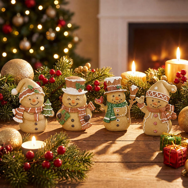 Thyle 4 Pcs Christmas Gingerbread Snowman Figurines Decorations
Resin Rustic Tabletop Statue Ornament, Xmas Farmhouse Snowman Centerpieces for Mantel Shelf Home Indoor Holiday Party Decor