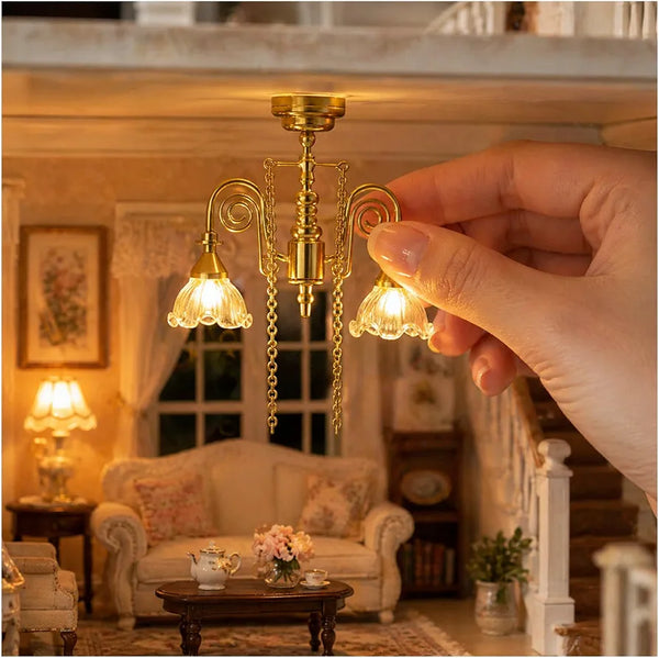 NUOBESTY Miniature Dollhouse Pendant Lamp, Dollhouse Chandelier with Dual Head Vintage Ceiling Light Gold Mini Lights for 1:12 Scale Accessories, Tiny Home Decor, Room Model Scenes