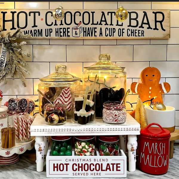Thyle 2 Pcs Christmas Hot Chocolate Bar Station Organizer Supplies Set
Red Print Christmas Design, Distressed Rustic Finish, Detachable Legs Tiered Display, Holiday Coffee Cocoa Station Countertop