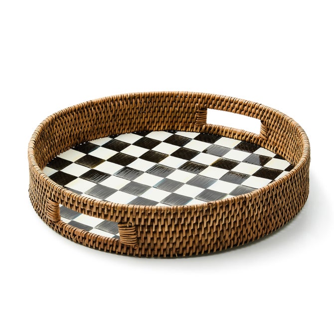 Check Enamel & Rattan Round Serving Tray