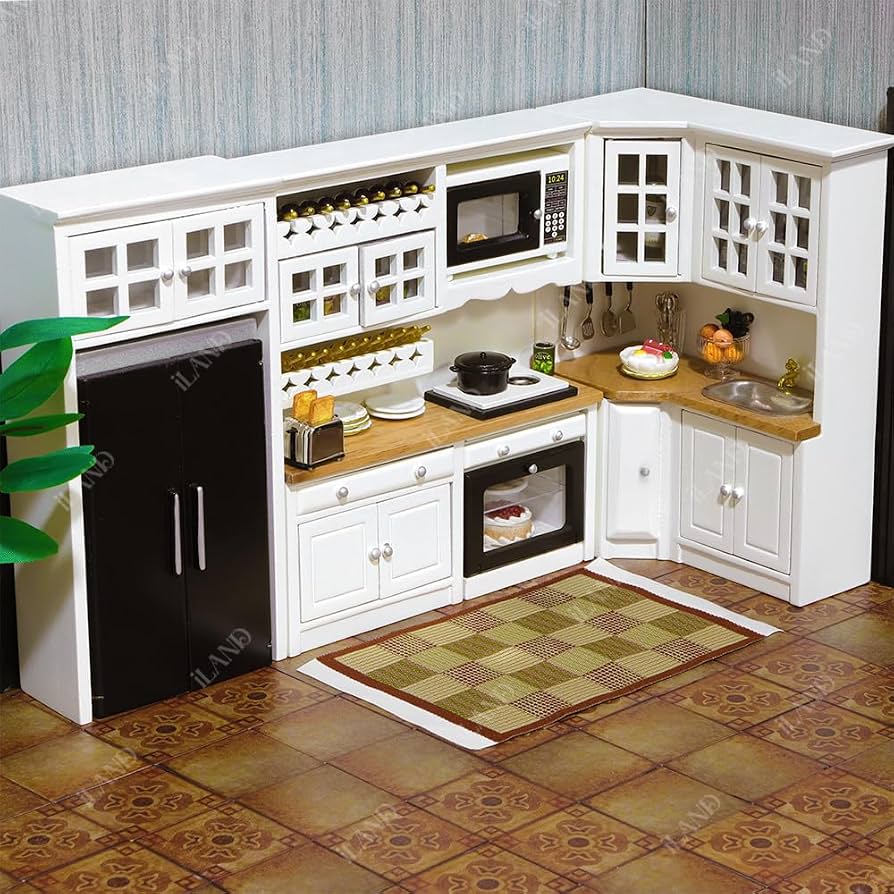 iLAND Doll House Furniture and Accessories Set Dollhouse Kitchen 1/12 Scale
Handmade Wood Miniatures，Modern Kitchen Cabinets w/ Metal Pots, Mini Refrigerator & Oven for Miniature Foods, Birthday Gifts