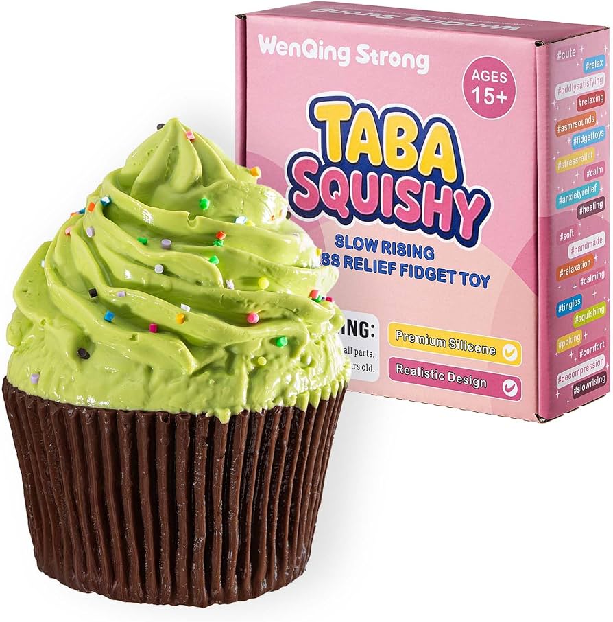 Cupcake Taba Squishy Toy, Slow Rising Squeeze Stress Relief Kawaii Green Fidget Premium Silicone Handmade Realistic Food Design Gift for Adults By WenQing Strong