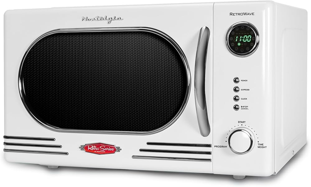 Nostalgia NRMO11RR6A 1000 Watt Power Retro Countertop Microwave Oven Easy to Clean with Removable Glass Turntable-Child Safety Lock-12 Programs-Digital Clock, 1.1 Cu Ft